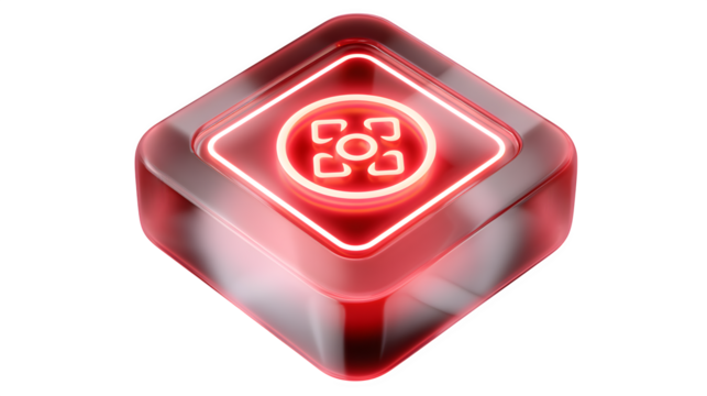 Futuristic 3D alert icon with glowing red edges and hazard symbol, isometric view, transparent background