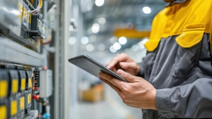 Industrial Engineer's Digital Audit: A skilled industrial engineer examines complex machinery within a high-tech facility, using a digital tablet to monitor operations and ensure optimal performance. - Powered by Adobe