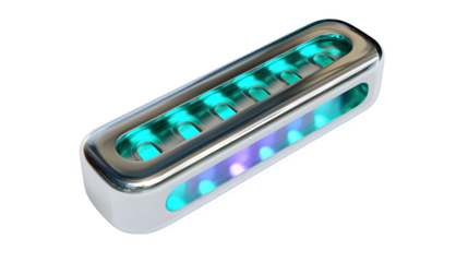 Futuristic 3D audio volume slider with glowing levels and chrome accents, top-down angle, white background