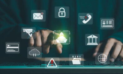 Hacker, Scam alert warning with cybersecurity icons. Businessman being deceived the internet to...