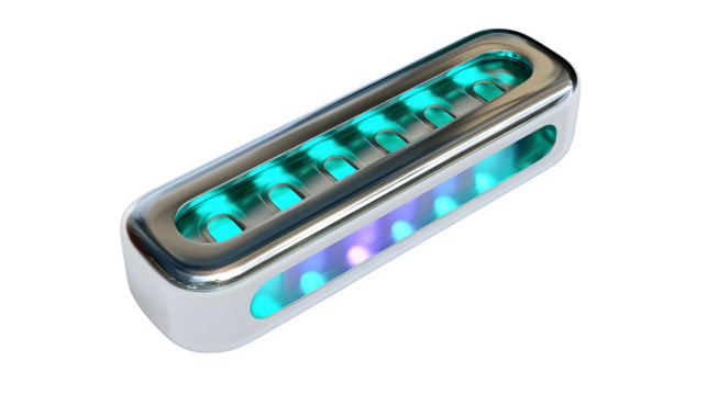 Futuristic 3D audio volume slider with glowing levels and chrome accents, top-down angle, white background