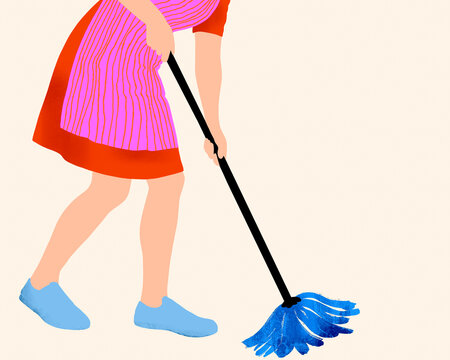 Illustration of woman cleaning floor with mop on white background 