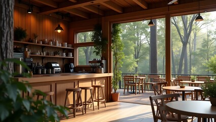 Fototapeta premium A cozy coffee shop nestled among the trees, with a warm, inviting atmosphere, rustic wooden furniture, and large windows overlooking the outdoor seating area,