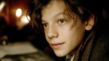 the image is a close up shot of a youngster. the individual has short, tousled dark hair. they are wearing a textured jacket and are glancing off to the side