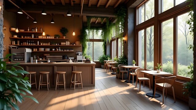 A cozy coffee shop nestled among the trees, with a warm, inviting atmosphere, rustic wooden furniture, and large windows overlooking the outdoor seating area,