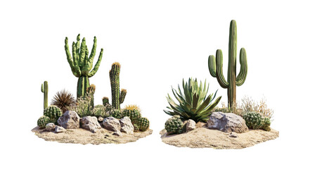 Vector illustration of Carnegiea gigantea and Stenocereus thurberi cactus set in sunny daylight, isolated frontal view, desert plants, southwestern flora, arid landscape cutout. © aura studio