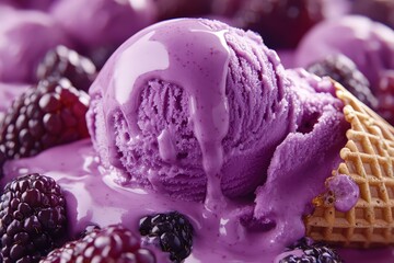 Close-up of a melting purple ice cream scoop with berries.