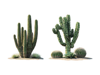 Vector illustration showing Carnegiea gigantea with Stenocereus thurberi cactus in sunny desert, frontal isolated view, arid ecosystem, drought-tolerant flora, succulent plants cutout. © aura studio