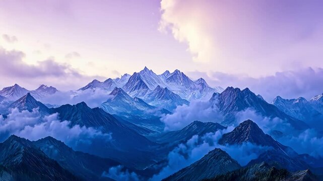 mountain range landscape with cloudscape in blue tones and snow covered peaks