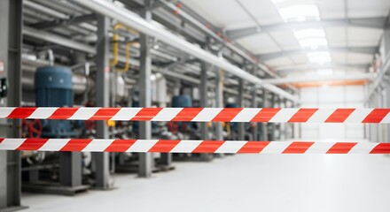 Fototapeta premium Red And White Striped Barrier Tape Over Industrial Machinery on Isolated White Background Conveying Themes of Safety and Caution in a Manufacturing Environment