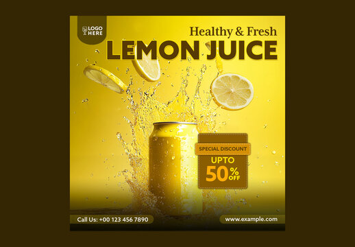 Lemon Juice Promotional Social Media Post for Summer Offer with Text Placeholder, Editable Design.