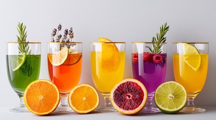 Fototapeta premium Row of colorful drinks with a variety of fruits and herbs. The drinks are in different colored glasses and are arranged in a row