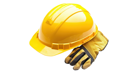 Yellow Construction Helmet with Gloves Isolated on PNG Transparent Background
