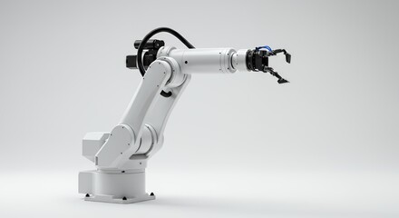 Rotating White Industrial Robotic Arm with Articulated Joints Isolated on a Clean White Background Captured with a 50mm Lens Showcasing Mechanical Automation