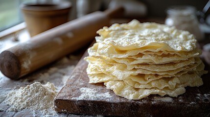 Stack of thin, light-colored flatbreads on a wooden board, surrounded by flour and rolling pin