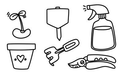 set for planting indoor plants. Clay pot, spray bottle, rake, sprout, pruner, plaque. Planting plants. The doodle collection is monochrome. It is suitable for postcards, prints, blog design, and books
