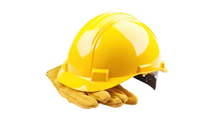 Yellow Construction Helmet with Gloves Isolated on PNG Transparent Background
