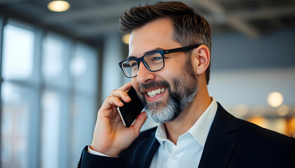 A middle-aged man with a beard and glasses, wearing a dark suit and white shirt, smiling while talking on a smartphone in a modern, softly lit environment.