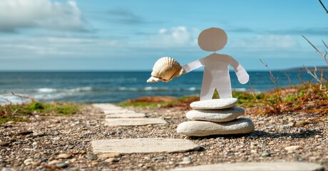 Paper figure atop stones holds shell. Ocean backdrop creates miniature seaside scene. Bright daylight, calm waters visible.