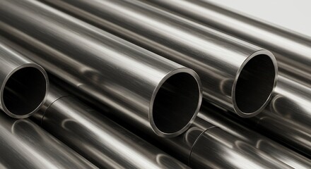 Series of Polished Metallic Tubes and Cylinders Arranged Diagonally Showcasing Intricate Light Reflections on White Background