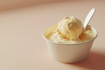 Melted vanilla ice cream scoop in a paper bowl.