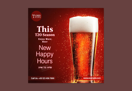 Cheers to Happy Hours Editable Social Media Post with Beer Glass for Pub Nights and Drink Deals.