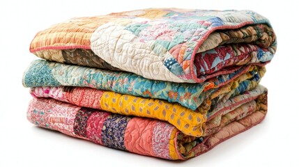 Hand-stitched quilts isolated on white background