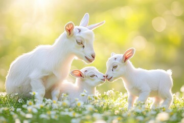 Obraz premium Charming Scene of Playful Baby Goats in a Sunlit Meadow Surrounded by Wildflowers, Capturing Innocence and Joy in Nature's Embrace