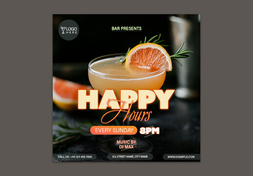 Happy Hours Editable Social Media Post for Bar Promotions, Drink Specials and Evening Vibes.