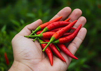 fresh red chili peppers held in palm of hand against green garden background
