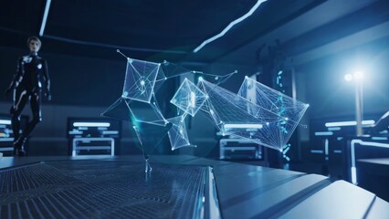 Digital plexus animation rotating inside advanced server room, revealing intricate network connections with technician moving through technological infrastructure during data processing sequence