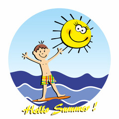 Hello summer, text, boy and surf on the sea. Person surfing at sea. At background is sky with funny sun. Humorous water sports theme banner. Funny vector illustration, circle frame.