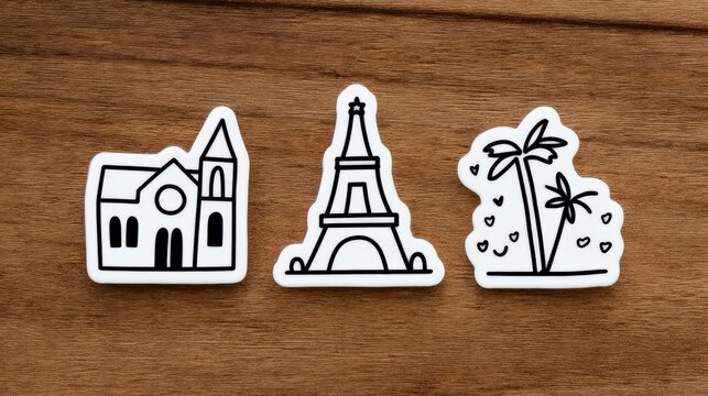 Stylized monochromatic icons of famous landmarks including the Eiffel Tower and palm trees arranged on a wooden surface representing travel and tourism culture in a trendy minimalist style