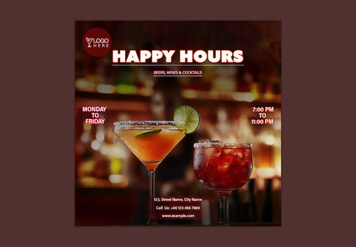 Editable Happy Hours Social Media Post Template &ndash; Bar Weekday Drink Promotion with Red and Orange Cocktails &ndash; PSD Design