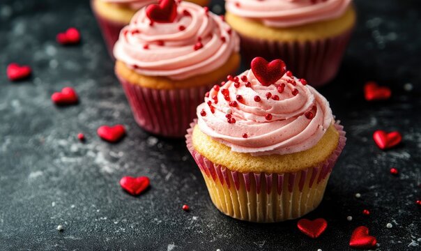 Three beautifully decorated cupcakes with pink frosting and heart-shaped toppings placed on a dark textured surface. surrounded by scattered red heart confetti for a romantic celebration