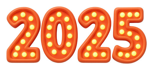 2025 New Year Glowing Orange Numbers with Lights on Transparent Background