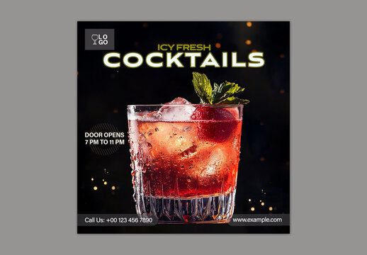 Editable Cocktail Party Social Media Post Template &ndash; Icy Fresh Drink Advertisement with Glass and Ice Cubes &ndash; PSD Design