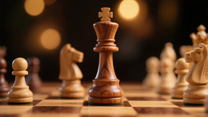 A close-up, atmospheric shot of wooden chess pieces arranged on a chessboard, with the king piece in sharp focus at the center.