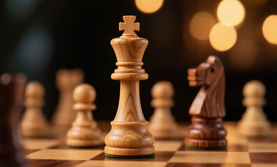 A close-up, atmospheric shot of wooden chess pieces arranged on a chessboard, with the king piece in sharp focus at the center.