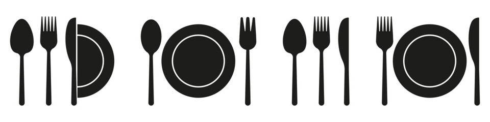 Fork, spoon, knife and plate silhouette collection in black