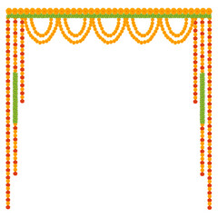 Indian Weflower garland of mango leaves and marigold flowers. Ugadi diwali ganesha festival poojas weddings functions holiday ornate decoration. Isolated on white background natural mango leaf garland
