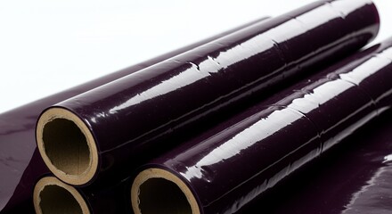 Fototapeta premium Three Glossy Dark Purple Plastic Wrapping Rolls Stacked in Pyramid Formation with Visible Cardboard Cores on White Background for Industrial Packaging Material Design