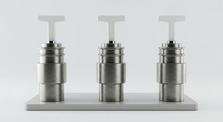 Three Metallic Dispensing Spigots with White Handles Mounted on Pale Gray Base Isolated on White