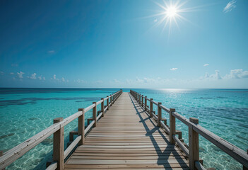 Fototapeta premium Fantasy tropical boardwalk leading into crystal clear turquoise ocean under bright sun, symmetrical seascape illustration with peaceful sky and exotic paradise feel