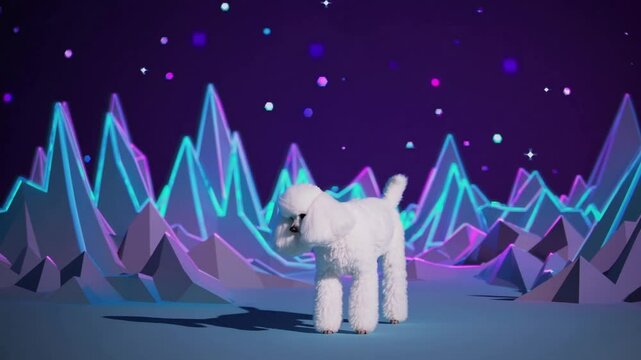
Caniche blanc dans un paysage r&eacute;trofuturiste avec montagnes n&eacute;on et ciel &eacute;toil&eacute;

