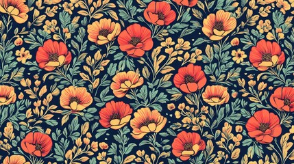 Fototapeta premium Vibrant floral pattern with various shades of poppy blossoms.
