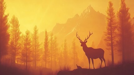A majestic stag stands proudly in a misty forest during autumn. with vibrant orange and yellow foliage. while a distant deer leaps gracefully in the background