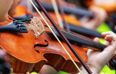 Musician playing violin during a concert with other musicians in the background