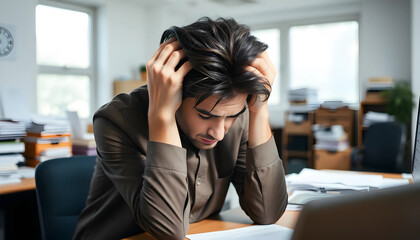 A man with medium-length dark hair sitting at a desk, holding his head in his hands, looking stressed or overwhelmed. A cluttered office environment in the background with papers and documents scatter