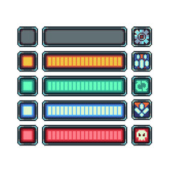 Button, interface, pixel art icons, battery charge, play, option, retro 80s console gaming app, video game assets, flat style, 8-bit sprite, vector illustration.